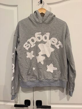 Sp5der Beluga Hoodie Heather Gray White w/ puff stars